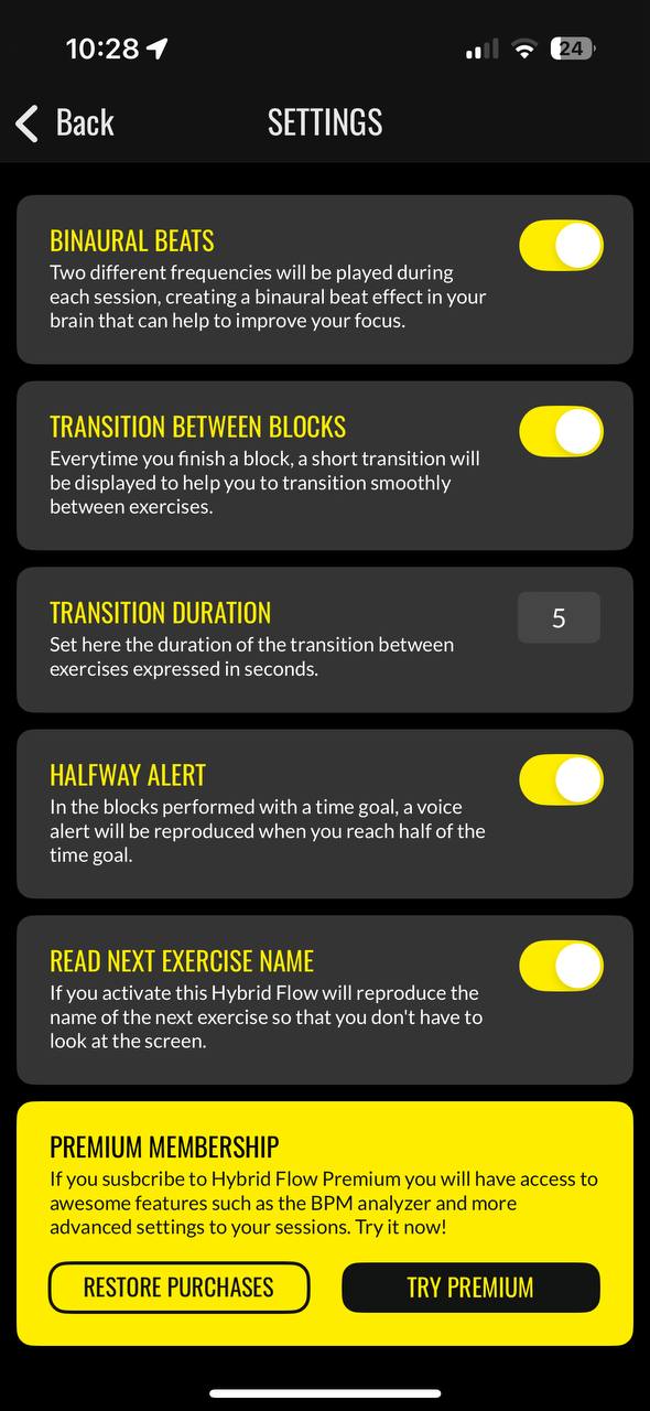 Settings with binaural options
